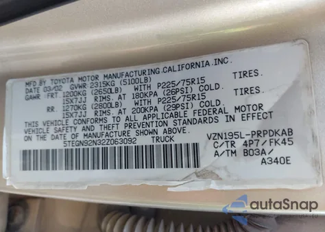 2002 Toyota Tacoma Prerunner V6 from USA, damaged, VIN 5TEGN92N32Z063092